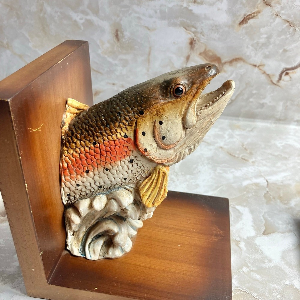 VTG Sterling Rainbow Trout Freshwater Fish Bookends Resin & Wood Rustic - Picture 8 of 12